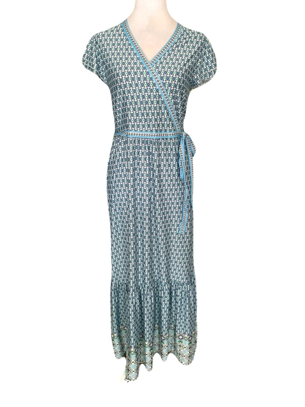 NWT Max Studio Small Teal White Geo Print Faux Wrap V Neck Tie Waist Maxi Dress